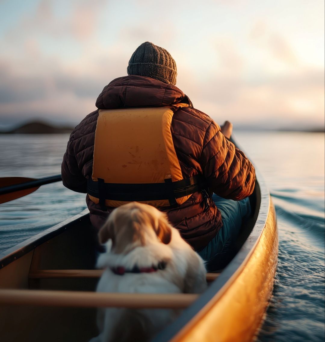 Hund und Mann im Boot